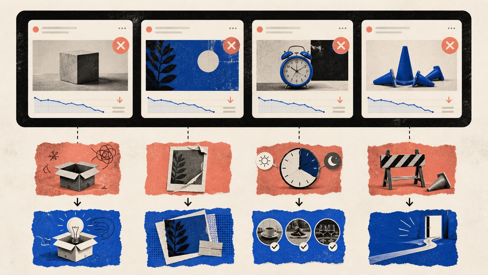 Four different ad failure modes requiring different repairs despite looking similar in a performance dashboard