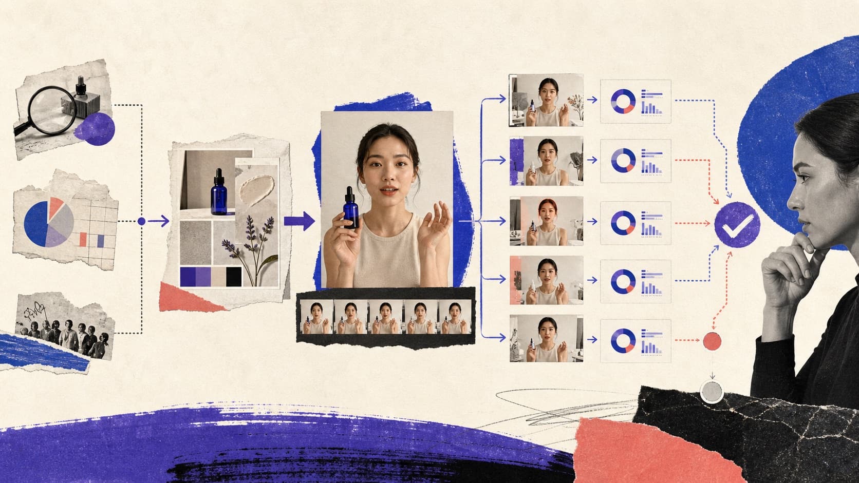 The AI UGC production chain from product insight and concept through synthetic variations and testing