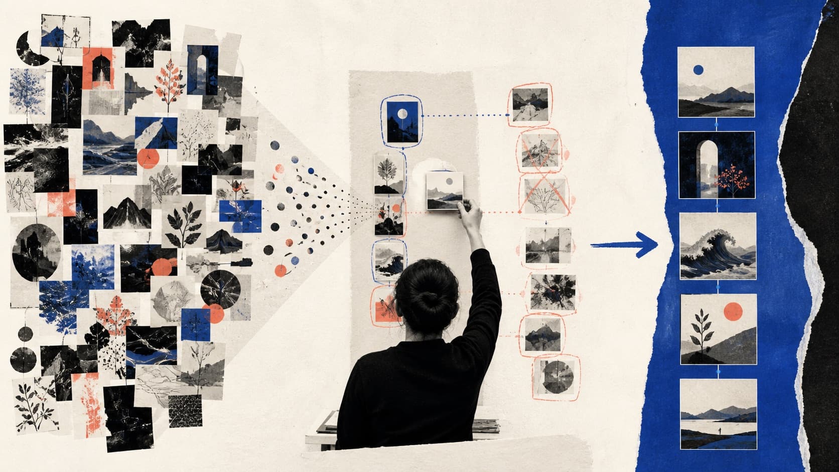 Creative AI producing volume and variation while a human supplies judgement, continuity and selection
