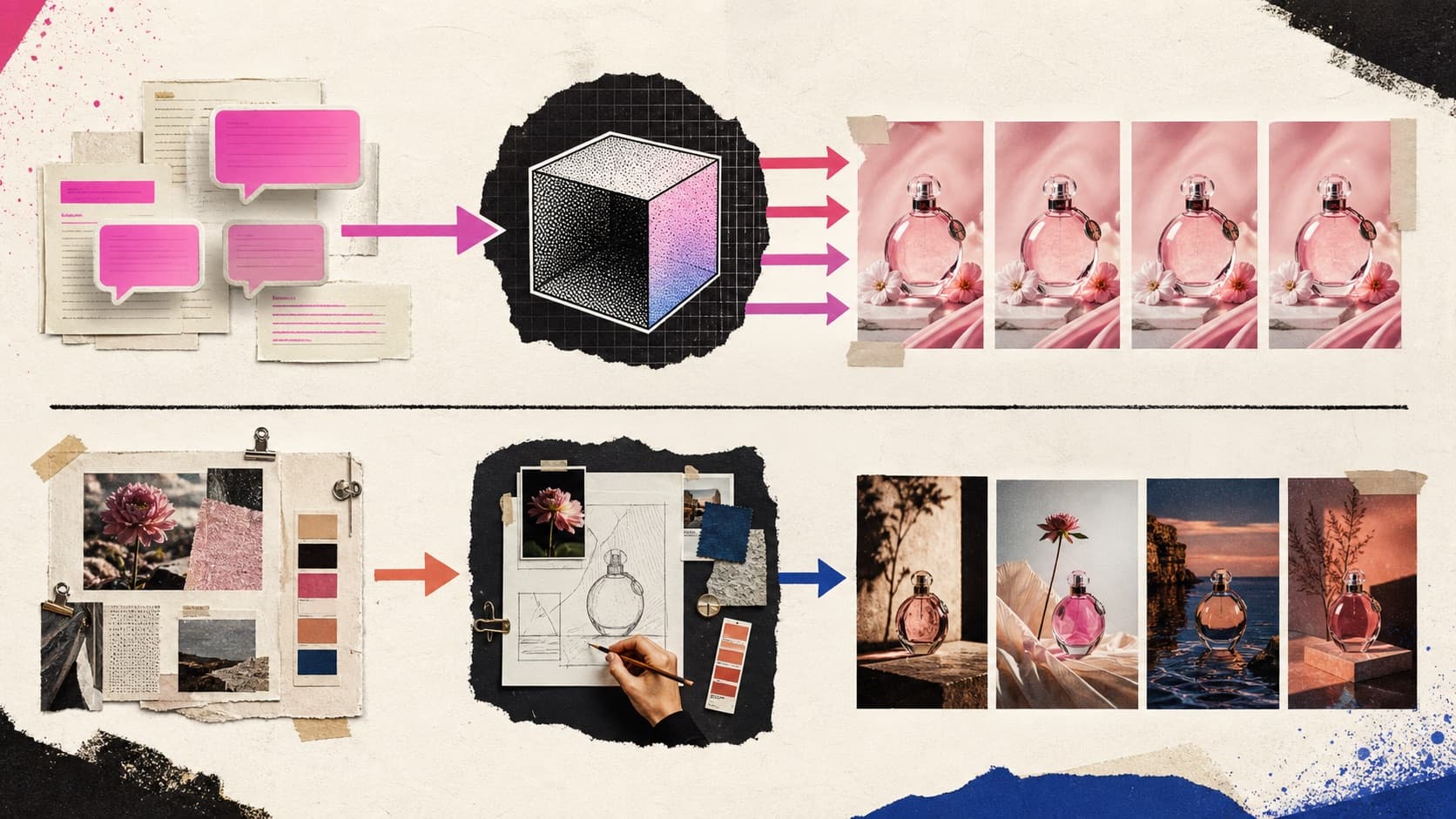 Generic repeated AI outputs contrasted with a specific reference-led and human-directed creative process