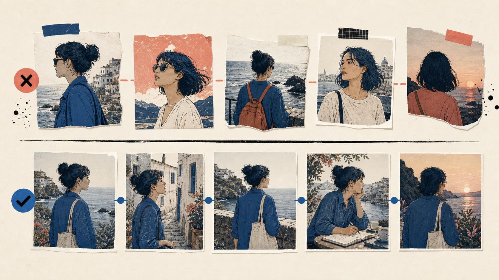 Disconnected generated frames contrasted with a human-curated sequence that preserves visual and narrative continuity