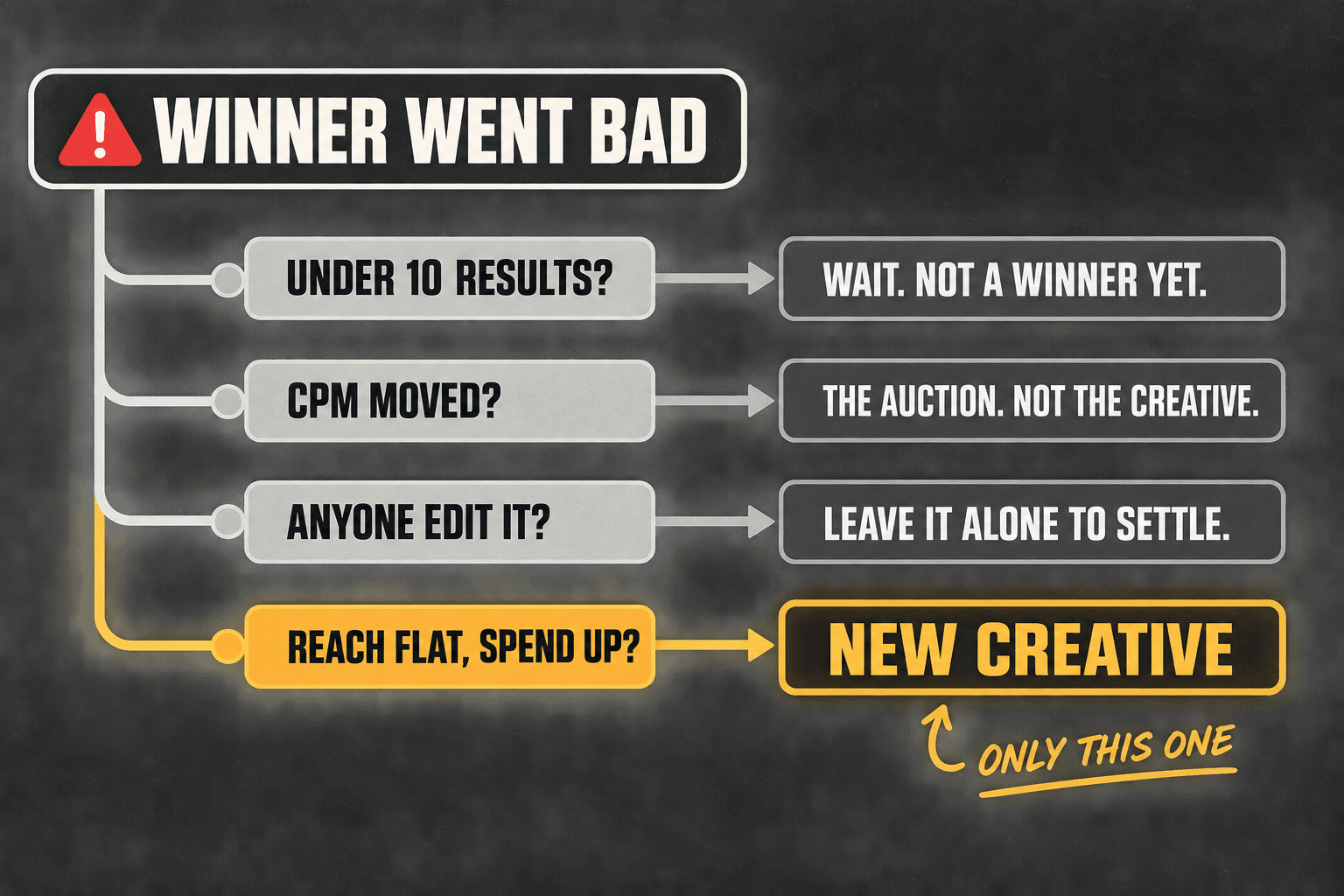the four checks as a decision tree, with only one exit leading to new creative