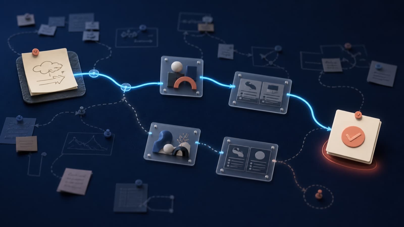 A spatial trail branching through alternative ideas before reaching a visible final decision.