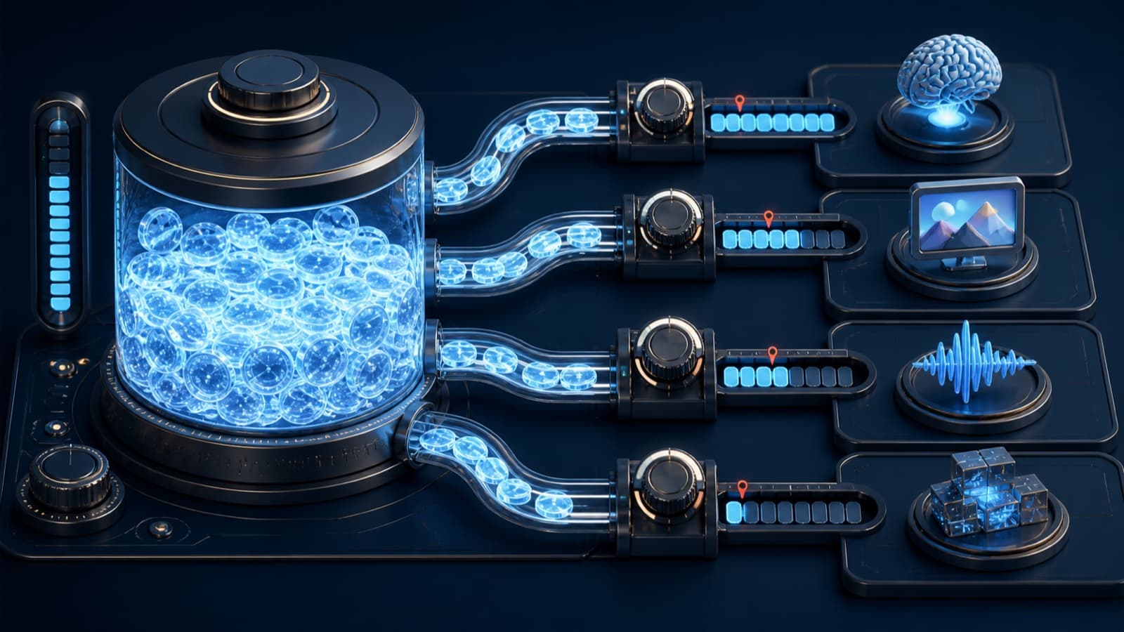 One shared reservoir distributing adjustable amounts of credit to reasoning, image, audio and code workloads.