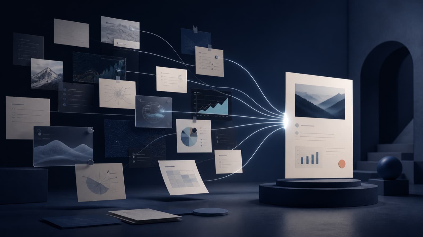 Documents, notes, images and analysis arranged side by side before converging into a final report.