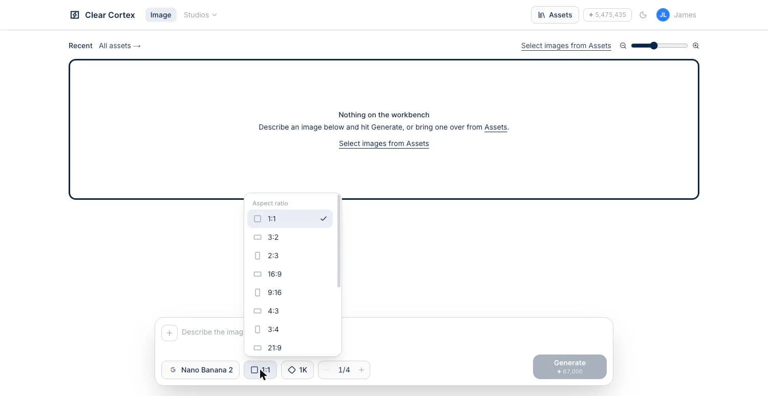 The aspect ratio popover open on GPT Image 2, offering Auto, 1:1, 3:2, 2:3, 16:9, 9:16, 4:3 and 3:4