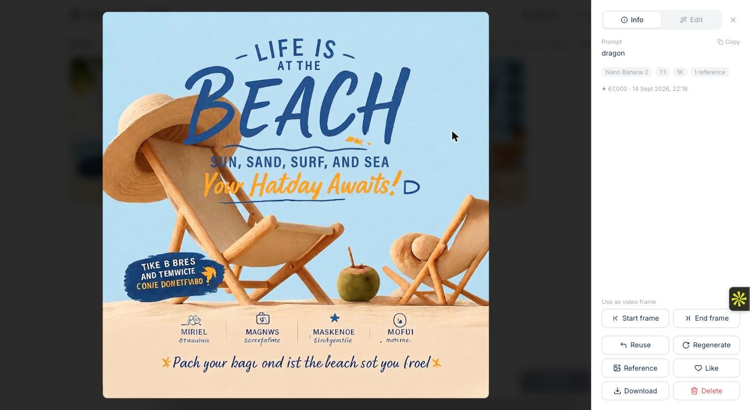 A beach poster whose type has degraded into nonsense after an edit: the strapline reads Your Hatday Awaits and the footer text is unreadable