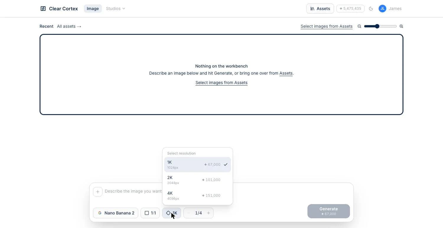The prompt bar on Nano Banana 2 showing a 1:1 ratio, 1K resolution and an estimate of 67,000 credits