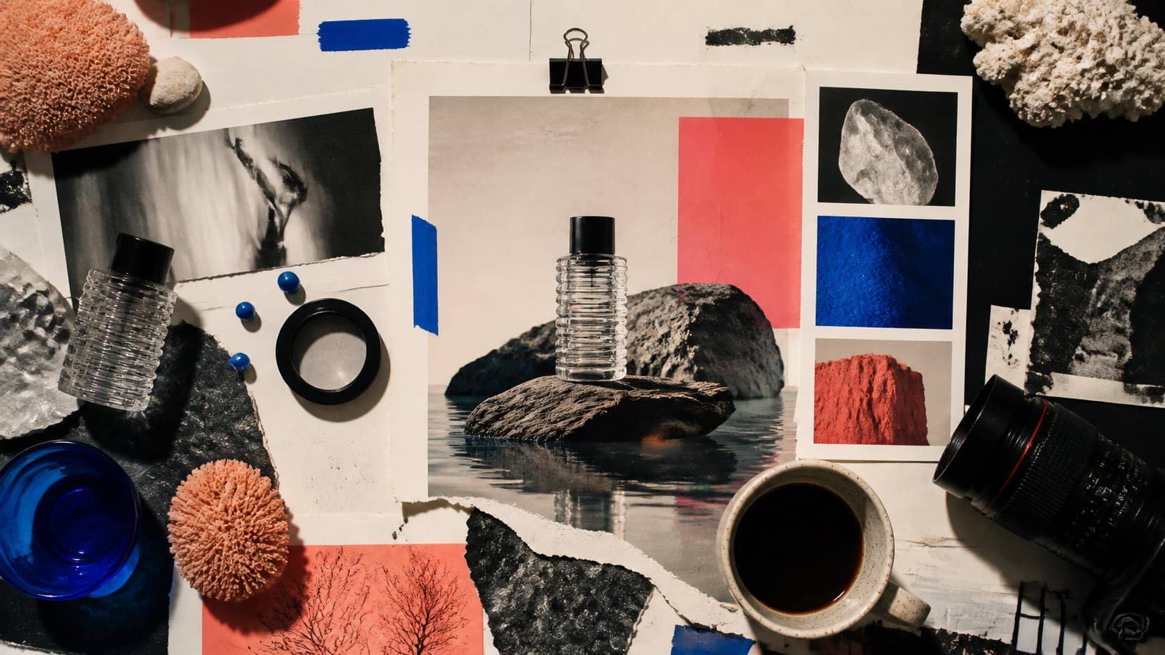 A practical art direction desk combining product truth, unusual references, camera constraints and intentional imperfection