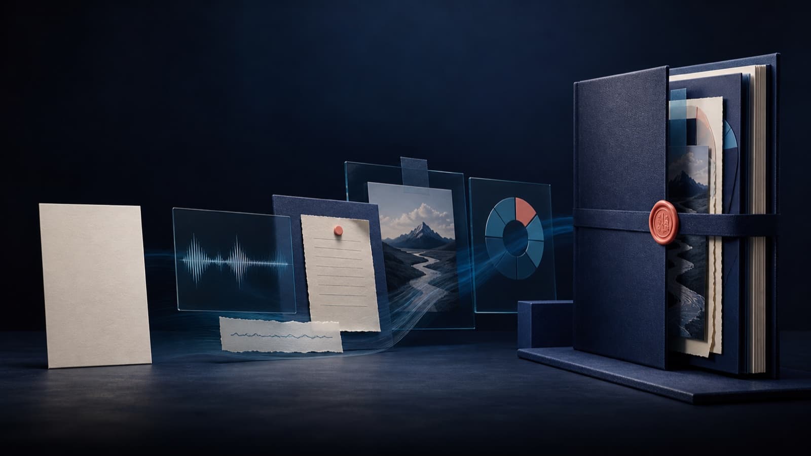 A blank card gathering voice, notes, imagery and data before becoming a finished bound project.