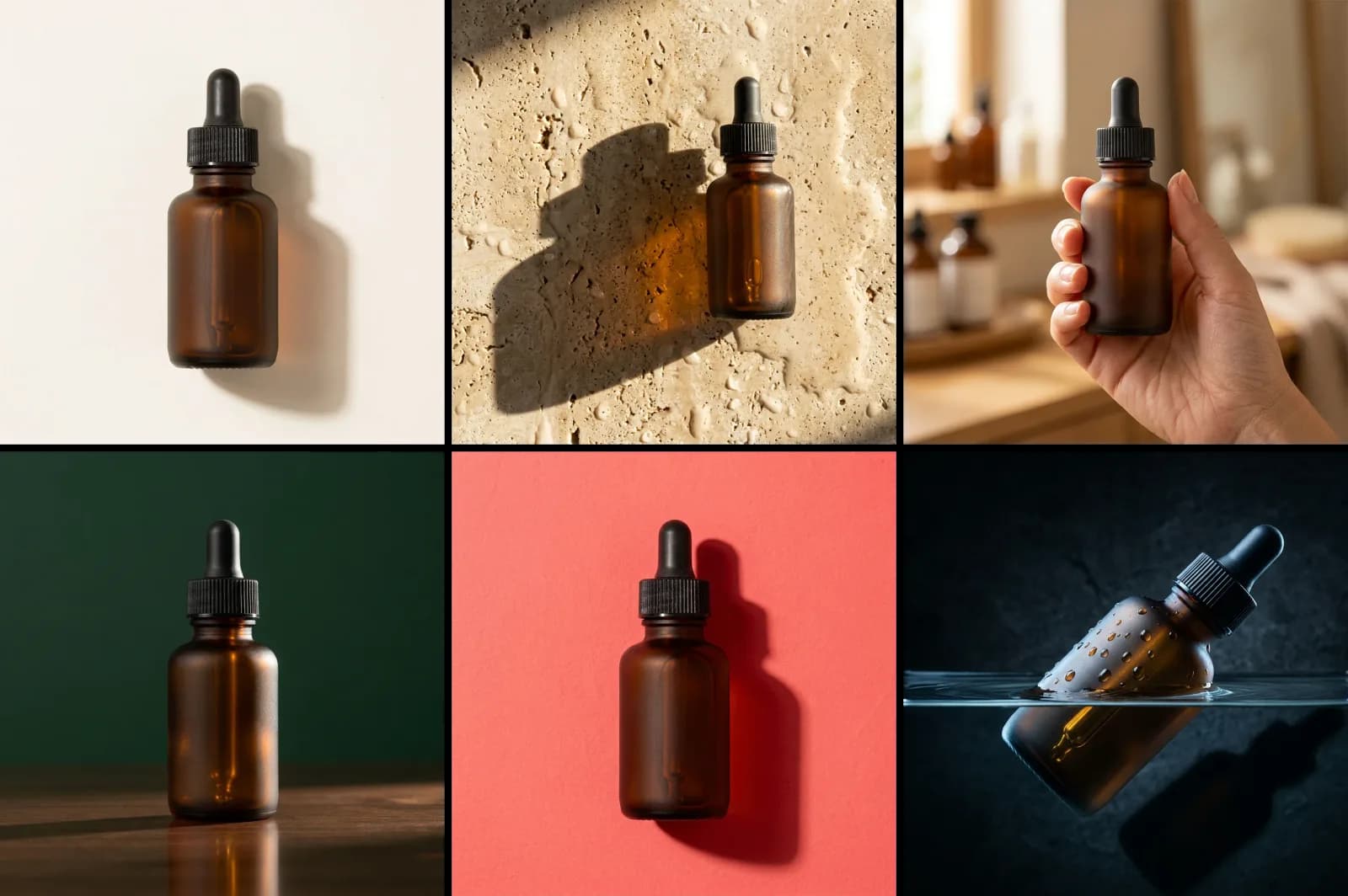 All six renders together: studio white, sunlit travertine, held in a hand, walnut and green, coral, and half-submerged in water