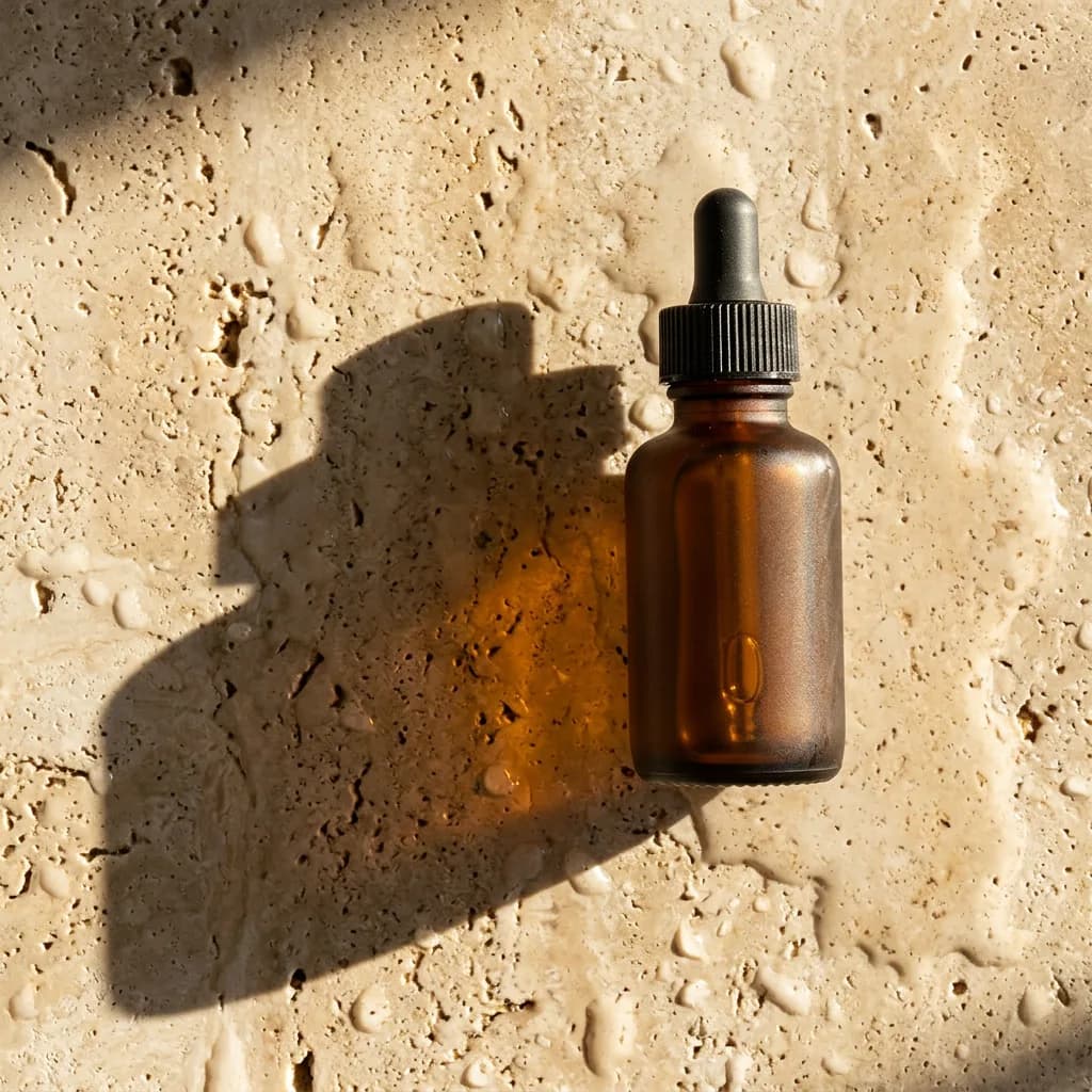 The same bottle on sunlit travertine stone, casting a long hard shadow