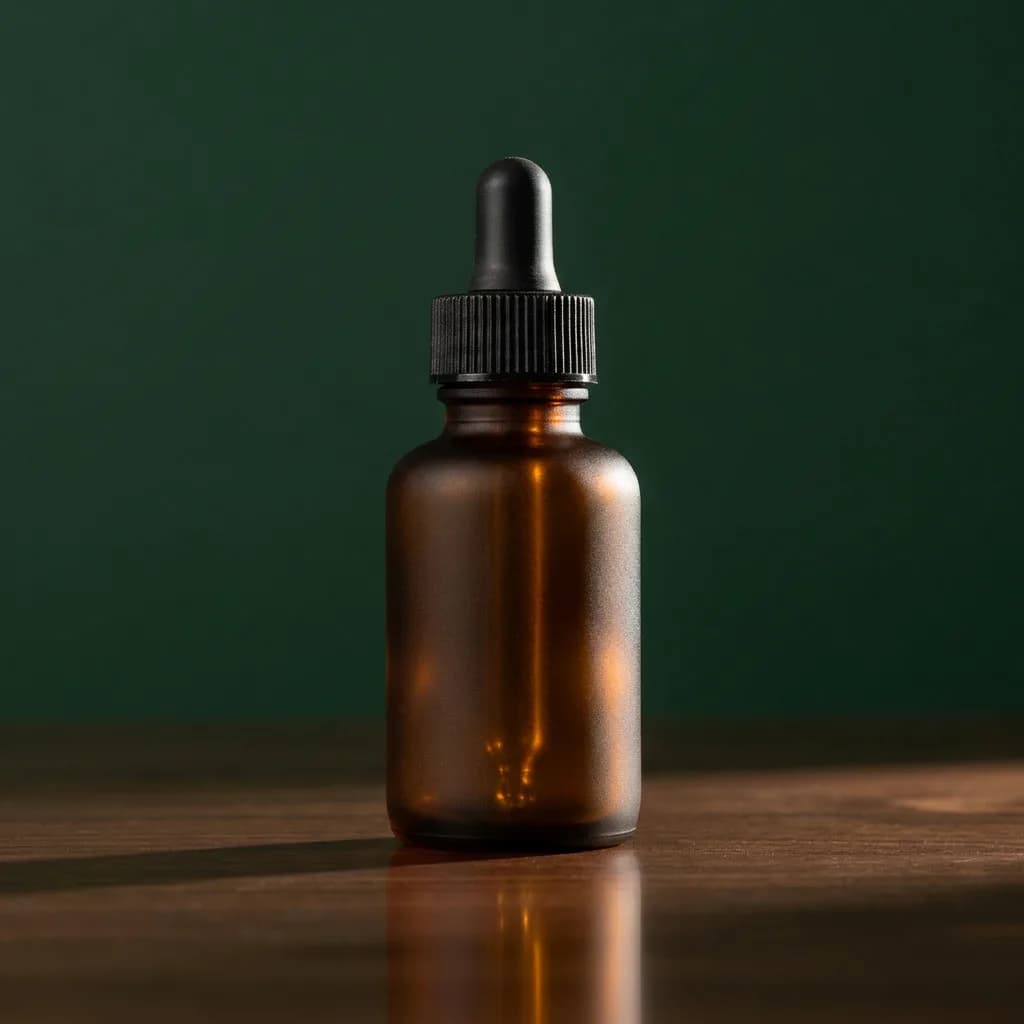 The same bottle upright on dark walnut against a deep green backdrop, lit hard from the right