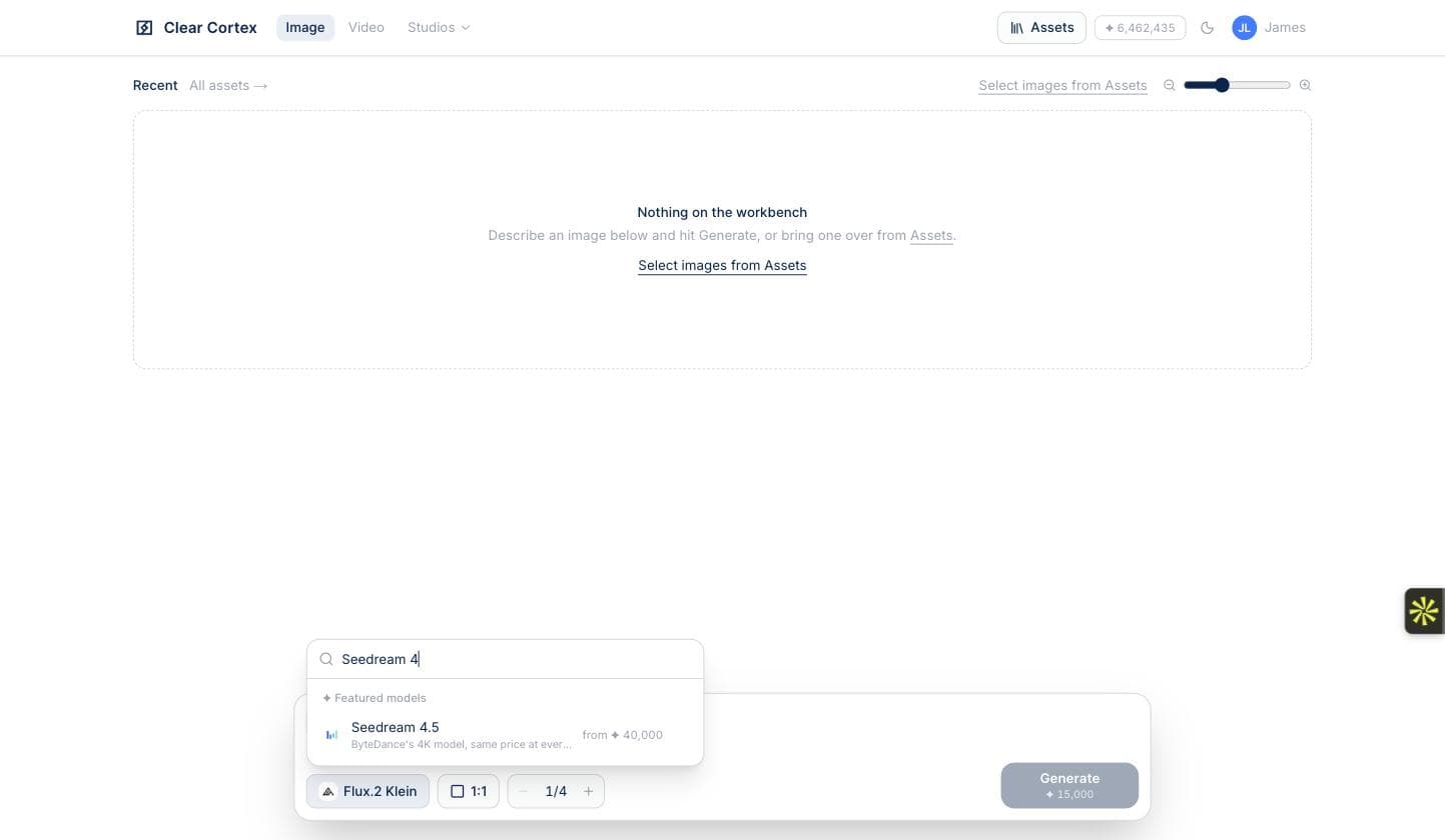 The model picker with Seedream typed into the search box, filtering the list down to Seedream 4.5 at 40,000 credits