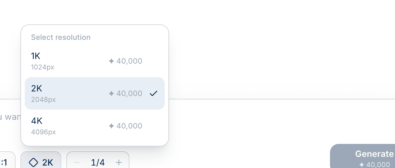 The Seedream 4.5 resolution list showing 1K at 1024px, 2K at 2048px and 4K at 4096px, each priced at 40,000 credits
